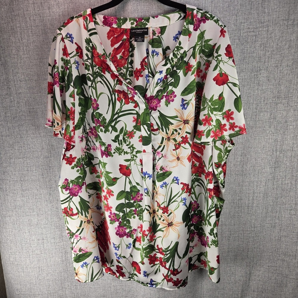 Liz Claiborne Short Flutter Sleeve V-Neck Floral Semi-Sheer Blouse 1X